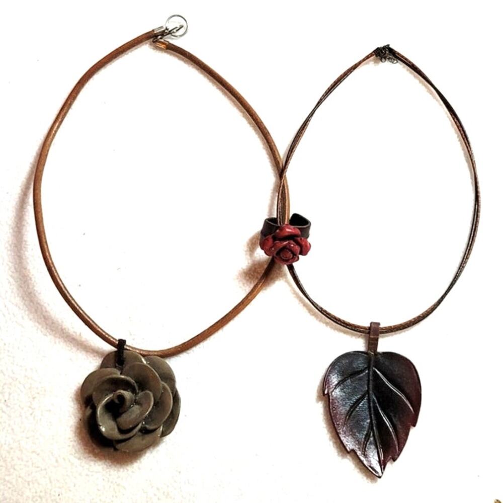 Rose & Ficus Leaf Leather Pendant Necklace & Ring Lot Artisan Hippie Boho
